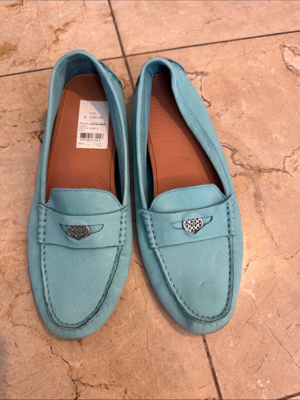 Coach Turquoise Leather Penny Loafers with Silver Accent